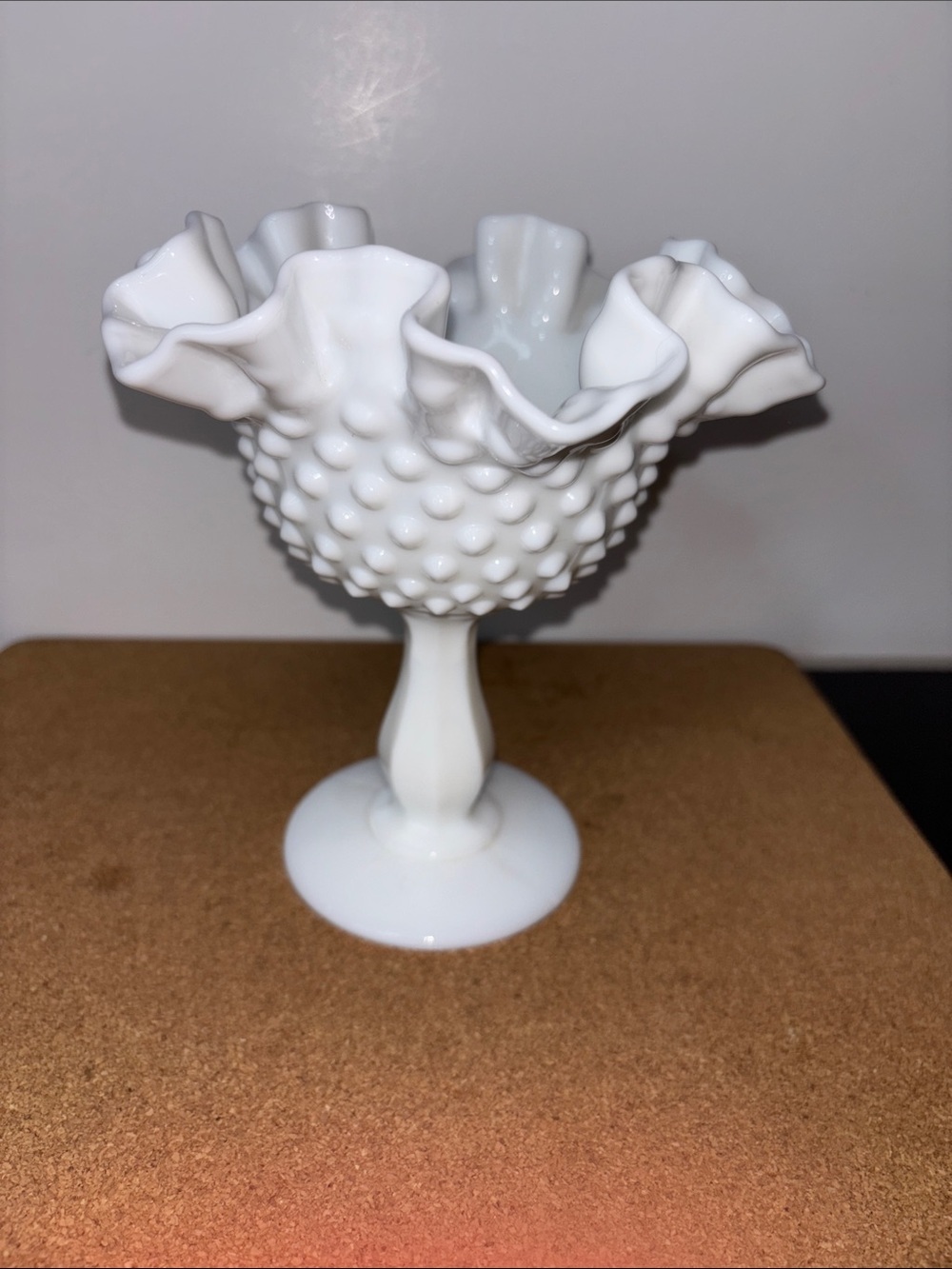 Vintage Fenton Hobnail White Milk Glass Ruffled Pedestal Bowl/Candy Dish 6" Tall